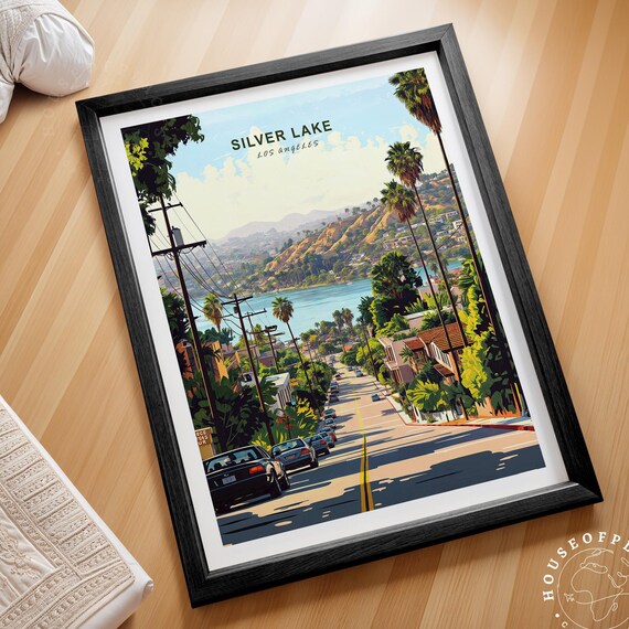 Silver Lake Los Angeles Vintage Travel Poster Palm Trees Street View