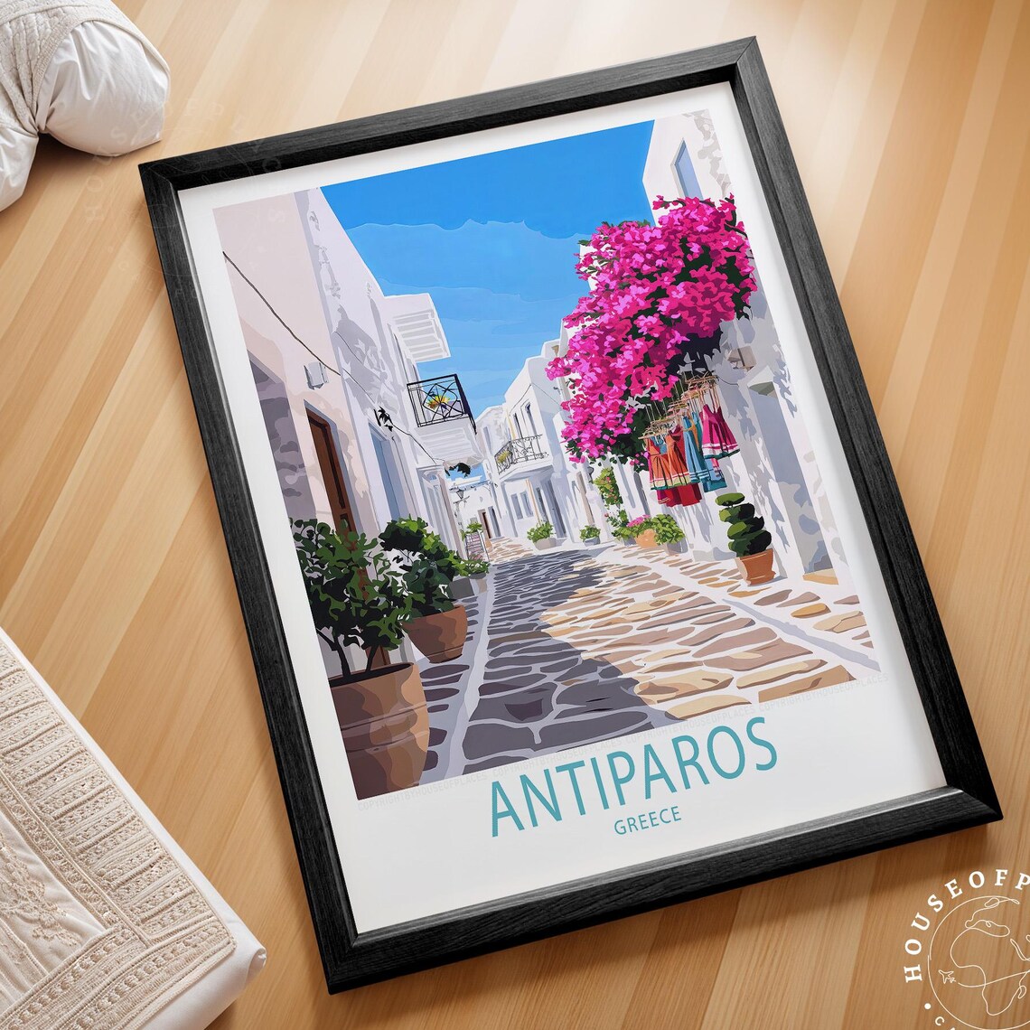 Antiparos Greece Charming White Street Bougainvillea Flowers Poster