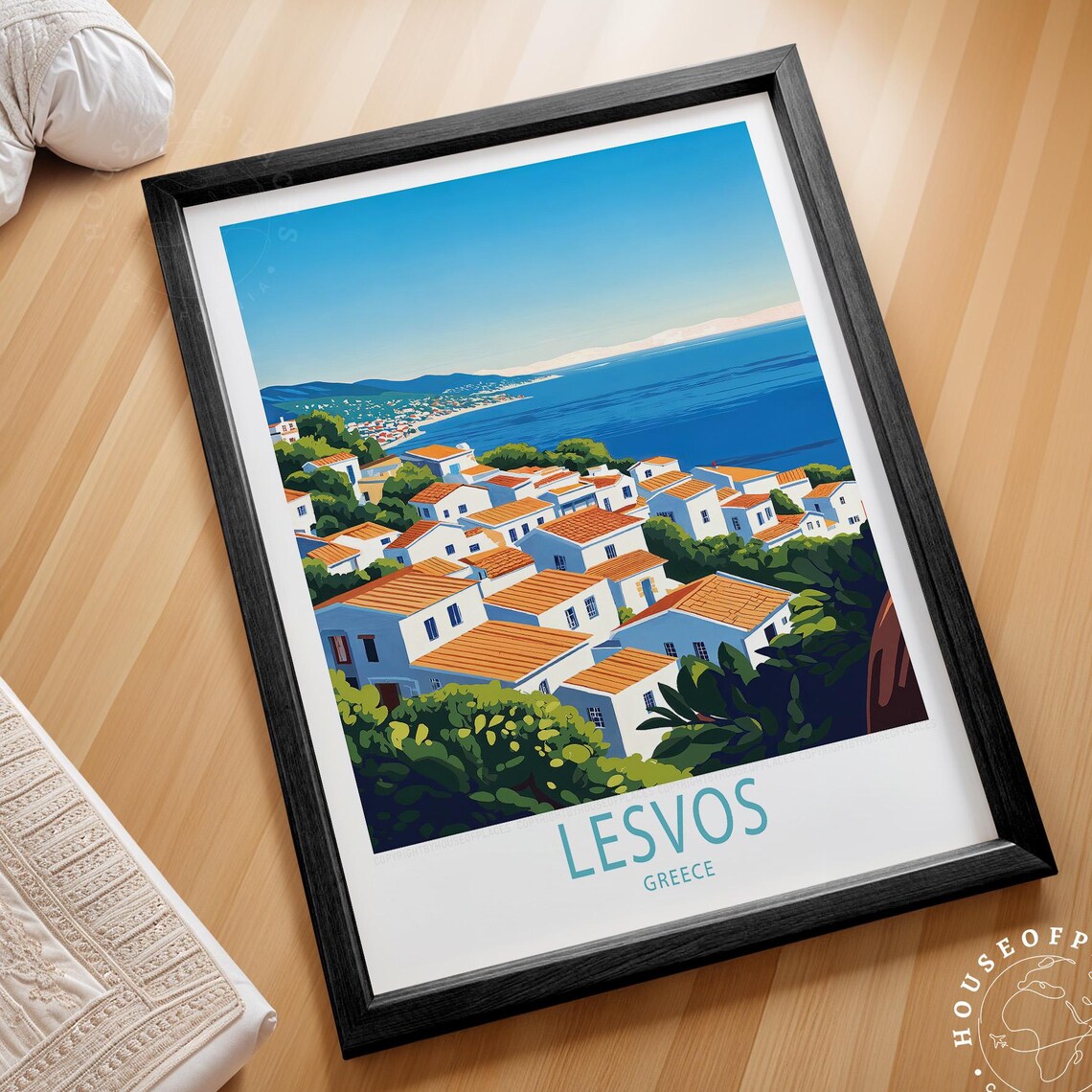 Sunny Lesvos Greece White Houses Red Roofs Bay View Travel Poster