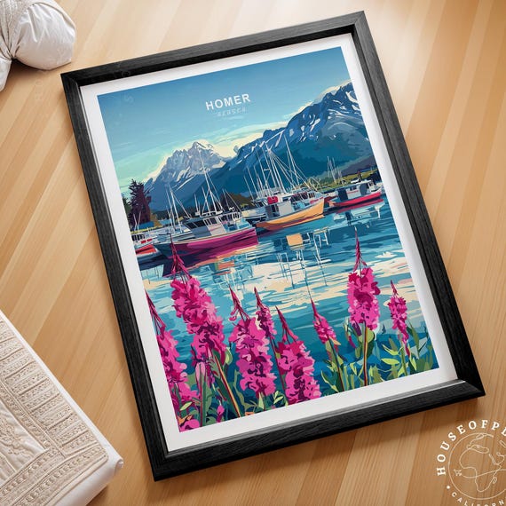 Homer Alaska Harbor Boats Snow Peaks Minimalist Travel Poster