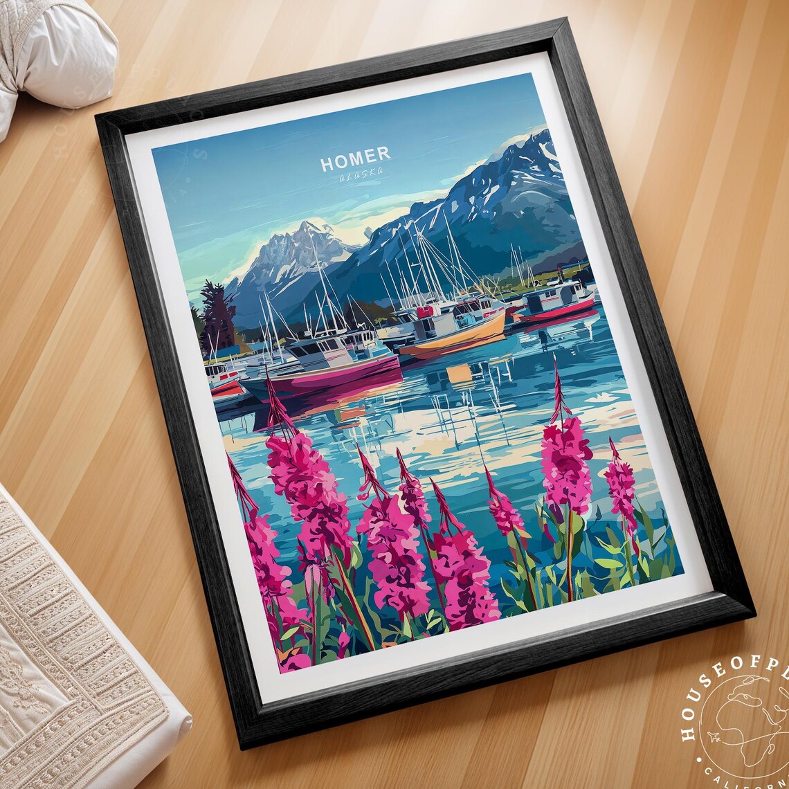 Homer Alaska Harbor Boats Snow Peaks Minimalist Travel Poster