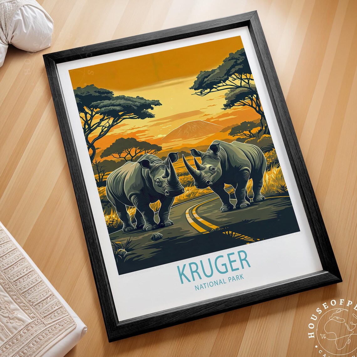 Kruger National Park Two Rhinos Sunset Safari Road Savanna Travel Poster