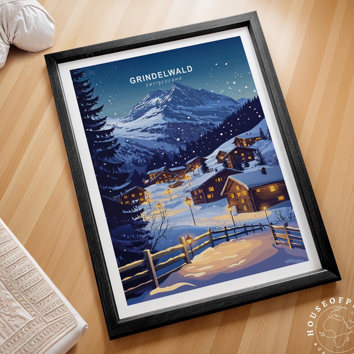 Grindelwald Switzerland Alpine Night Village Snow Travel Poster