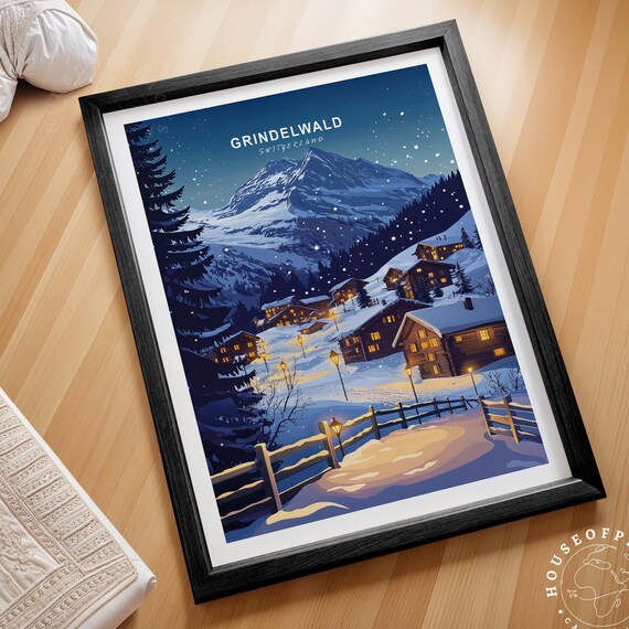 Grindelwald Switzerland Alpine Night Village Snow Travel Poster