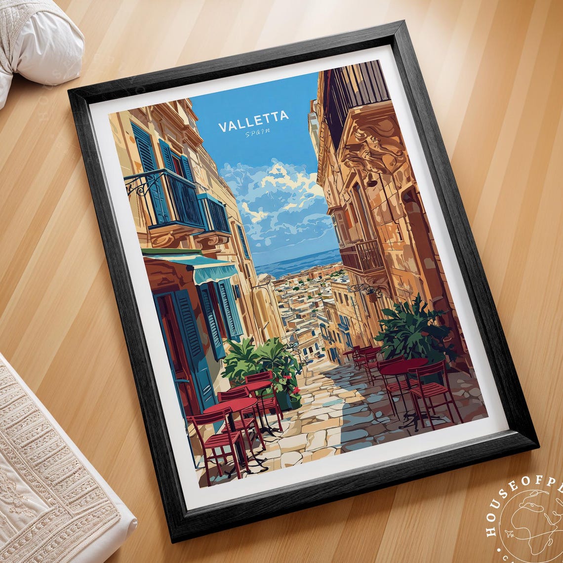 Valletta Spain Cobblestone Street Red Cafe Chairs Travel Poster
