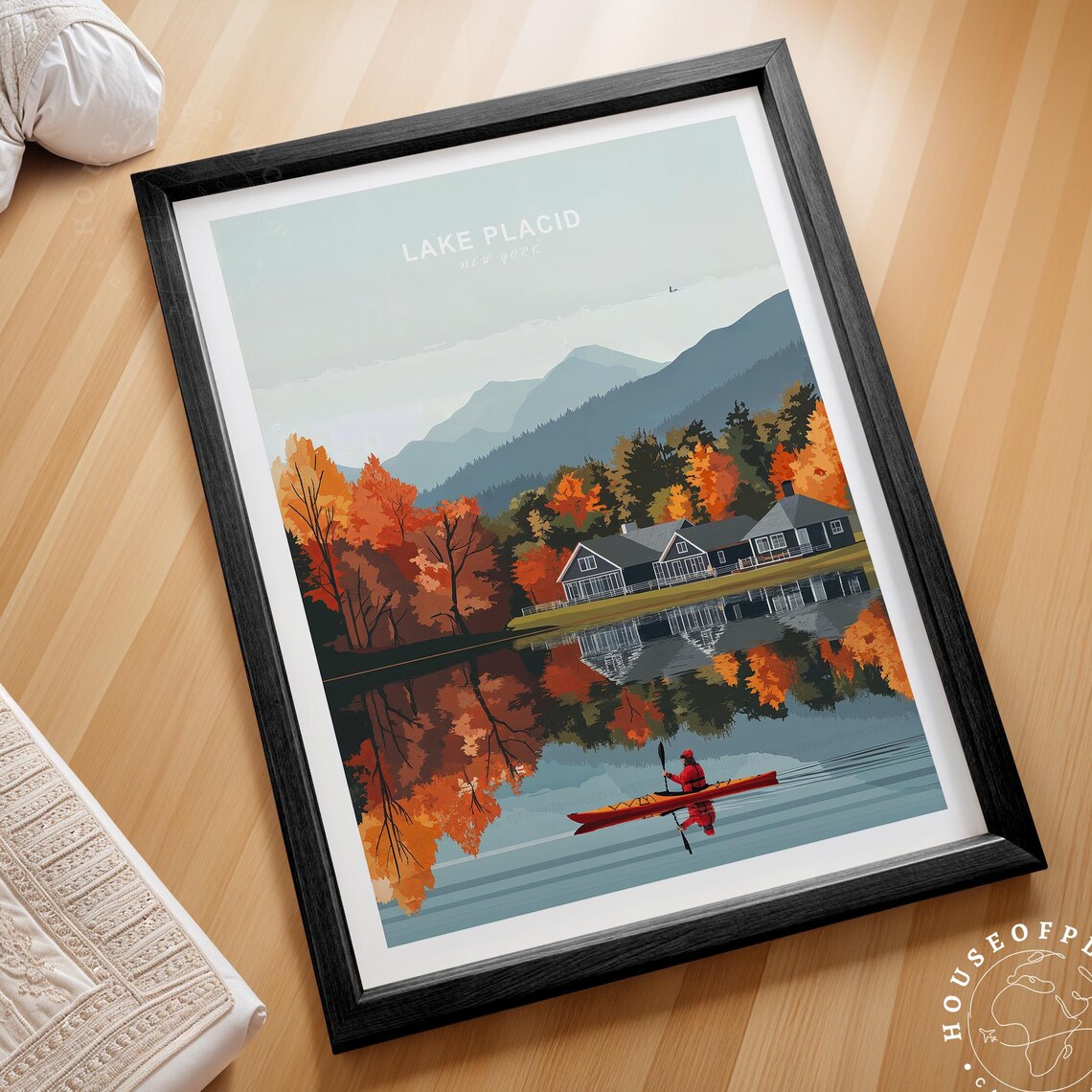 Lake Placid New York Autumn Kayak Cabin Reflection Travel Poster