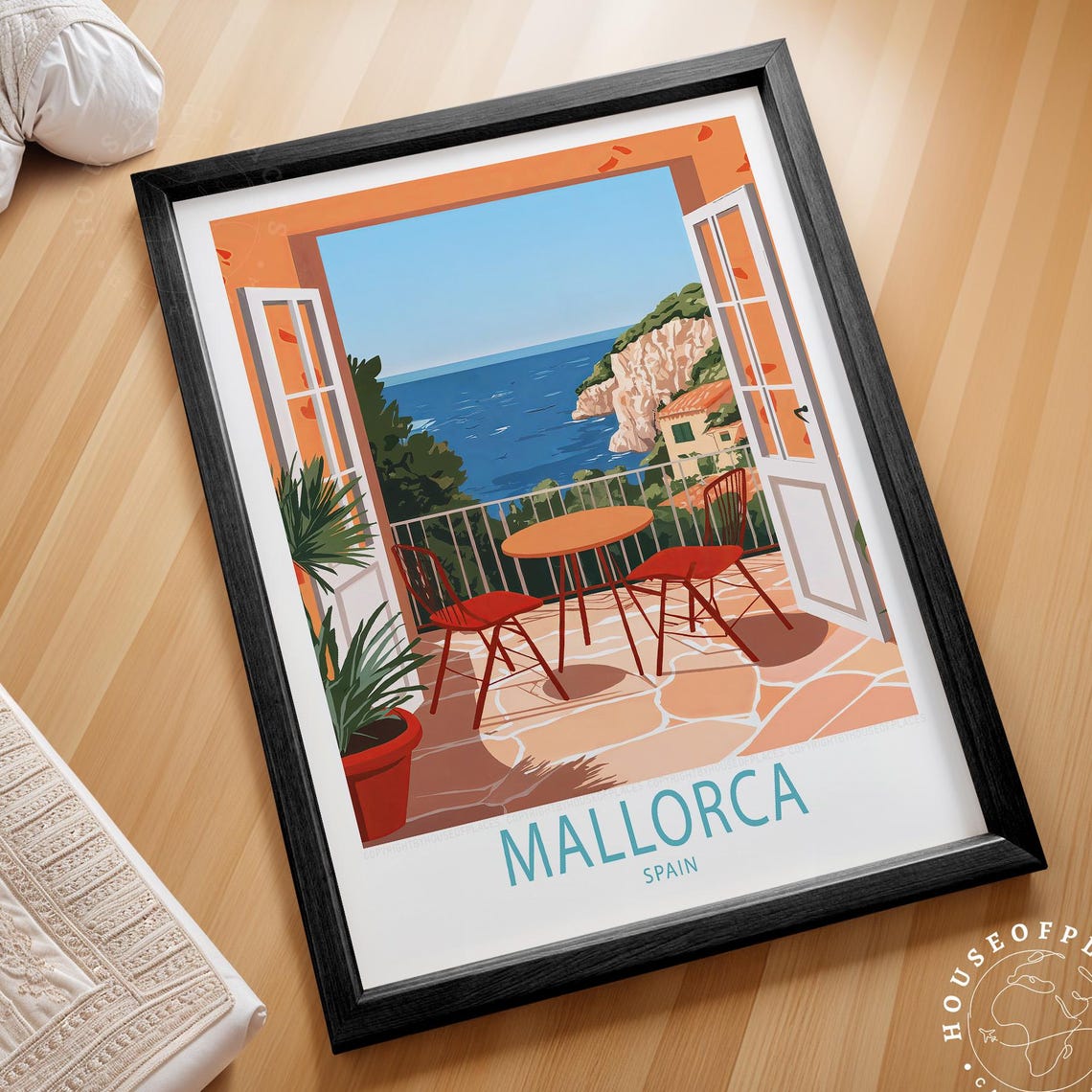 Mallorca Spain Seaside Terrace Balcony Travel Poster Ocean View