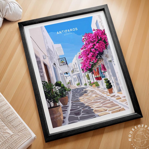 Antiparos Greece Whitewashed Alley Bougainvillea Island Travel Poster