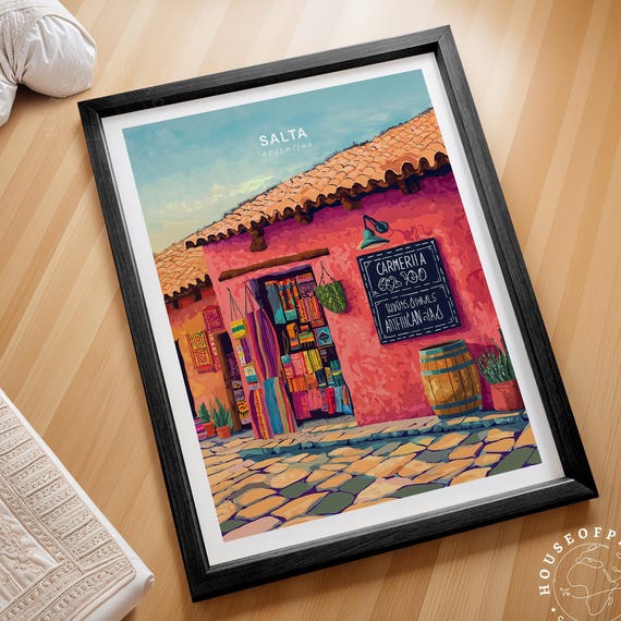 Salta Argentina Colorful Adobe Market Street Folk Art Travel Poster