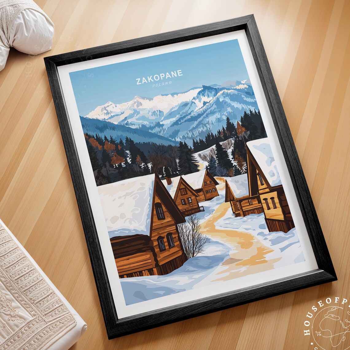 Zakopane Poland Vintage Winter Chalets Snowy Tatras Travel Poster