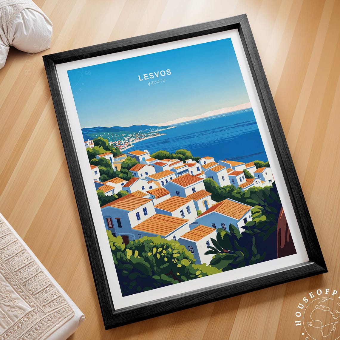 Sunny Lesvos Greece Whitewashed Village Coastline Travel Poster