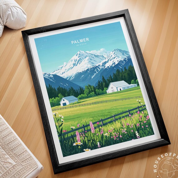 Palmer Alaska Snowy Mountain Meadow Barn Floral Travel Poster