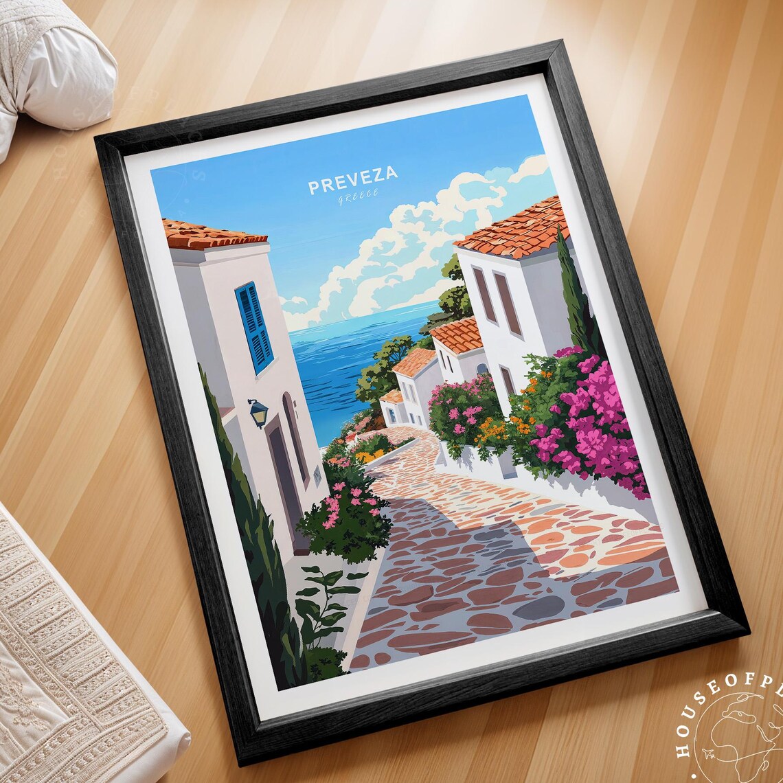 Preveza Greece Sunlit Coastal Village Street Sea View Travel Poster