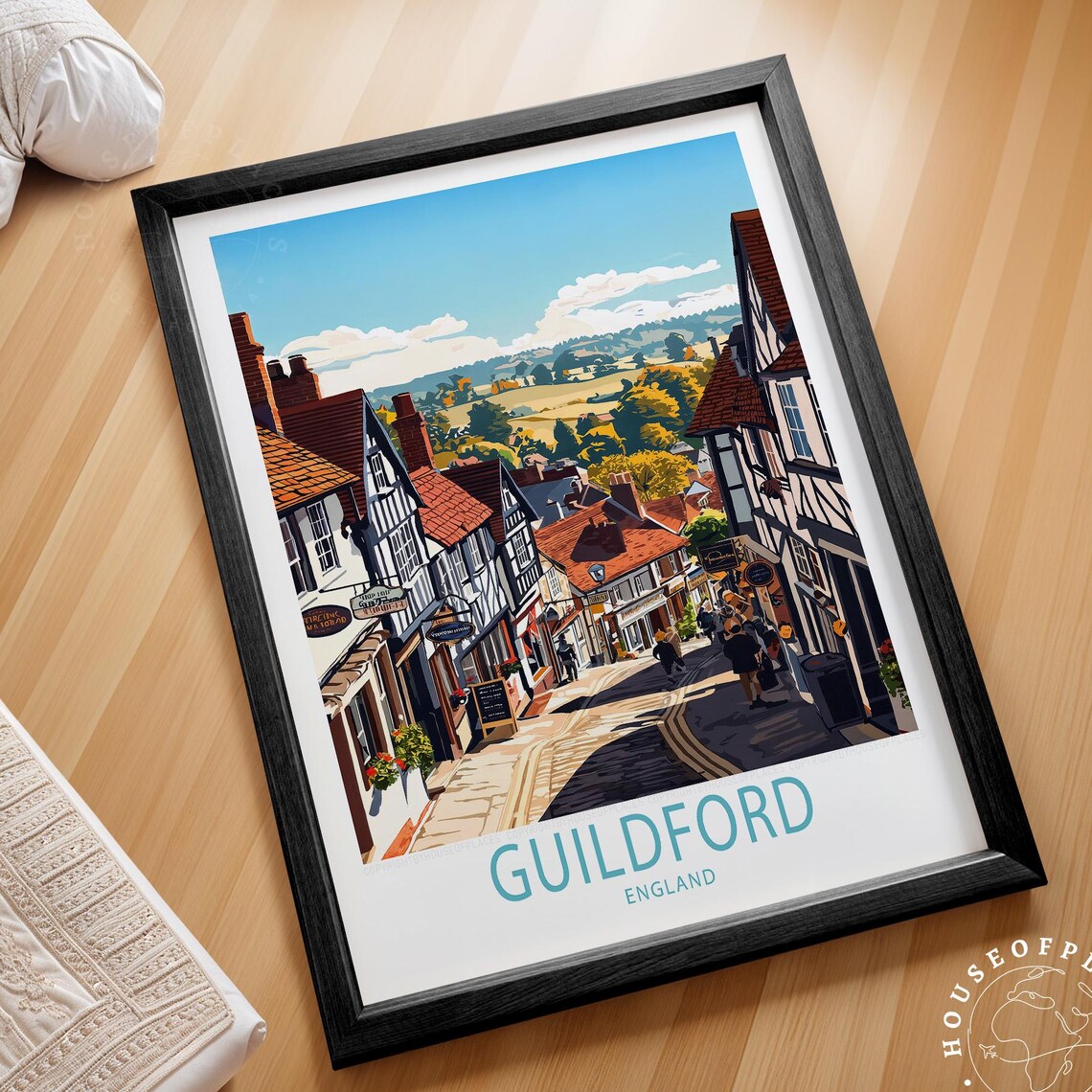 Guildford England Tudor High Street Travel Poster Autumn Hills
