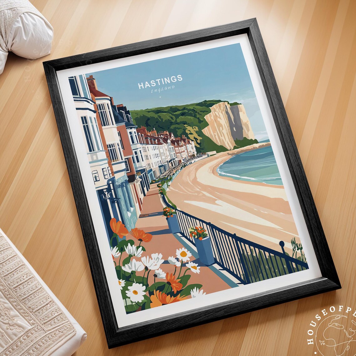 Hastings England Beach Promenade Coastal Cliffs Retro Travel Poster