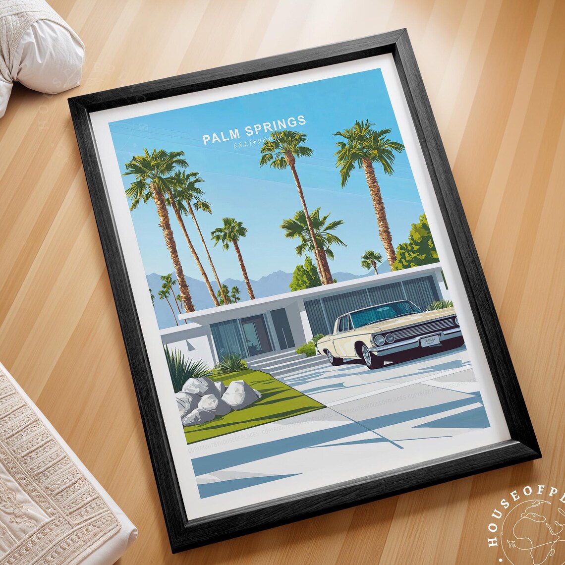Palm Springs Retro Mid Century House Classic Car Travel Poster