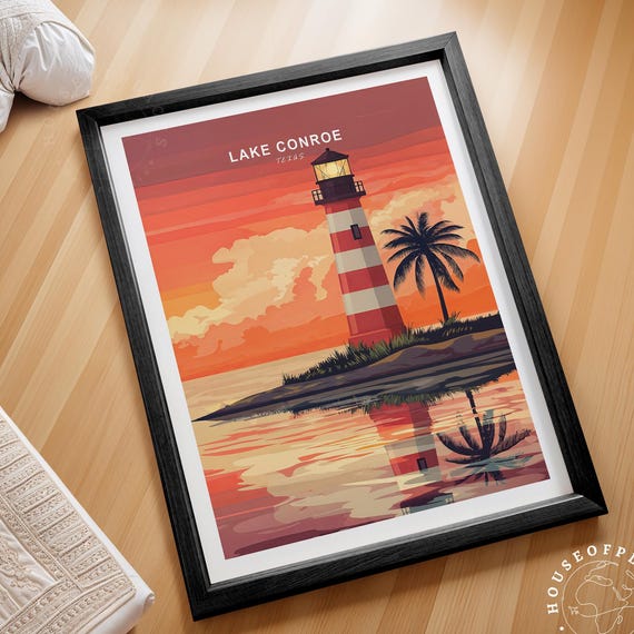 Lake Conroe Texas Red Lighthouse Sunset Lake Reflection Poster