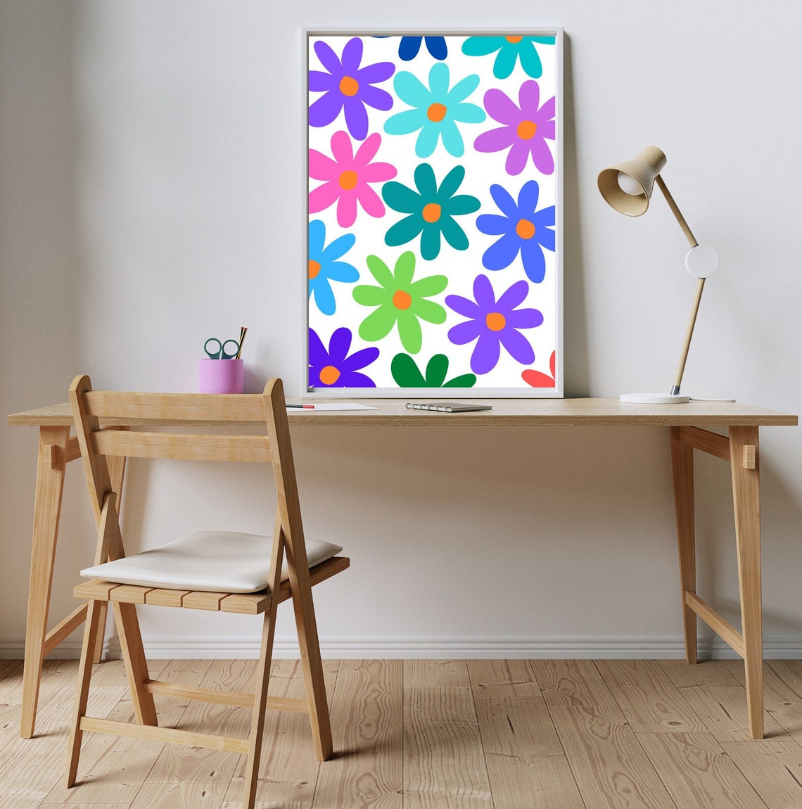 Bright Retro Flower Pattern Bold Rainbow Floral Kids Room Wall Art - Image 3