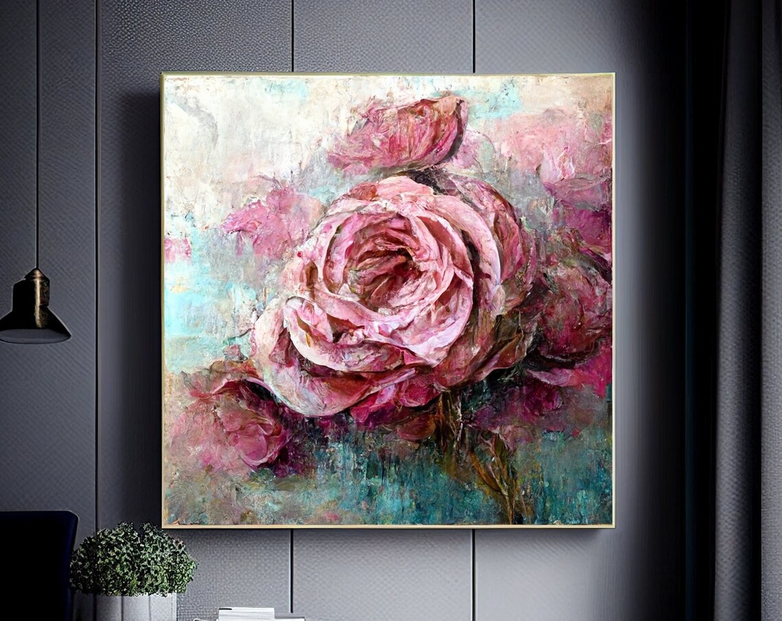 Pink Roses On Teal Grey Textured Floral Oil Painting Art Poster