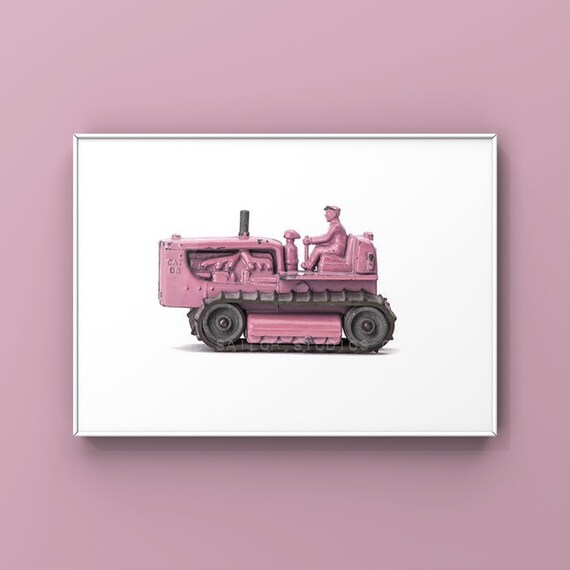 Pink Toy Bulldozer Vintage Diecast Construction Kids Room Decor Print