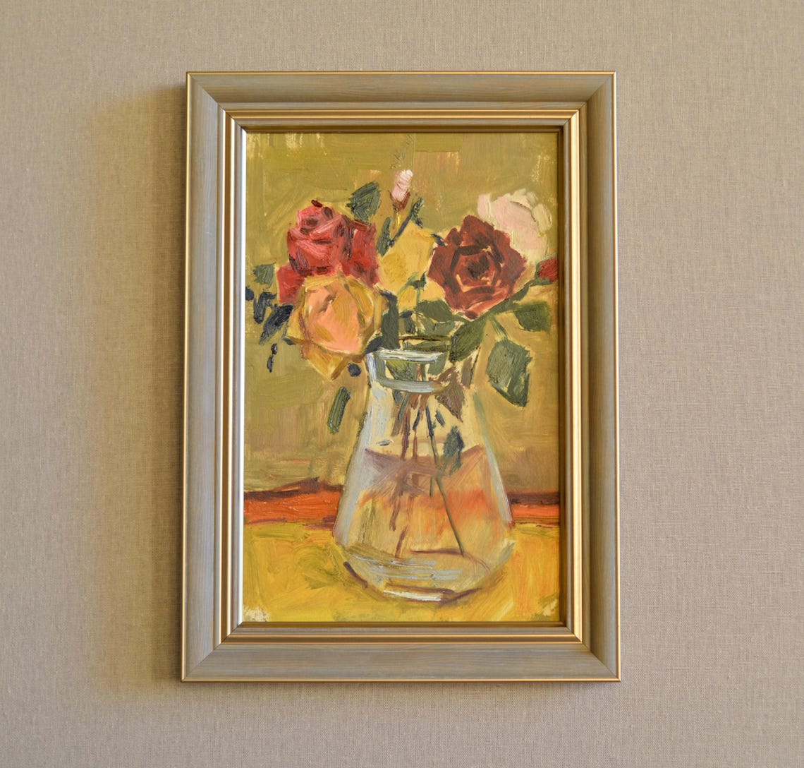 Original Floral Still Life Oil Painting Impressionistic Bouquet Of Yellow And Red Roses In A Glass Vase Framed Wall Art European Fine Art - Image 3