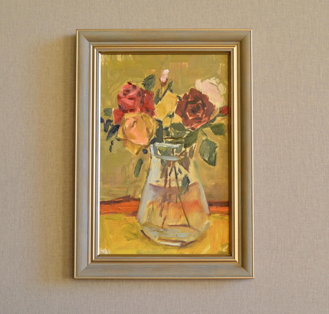 Red And Yellow Roses Bouquet In Glass Vase Floral Still Life Print - Image 3