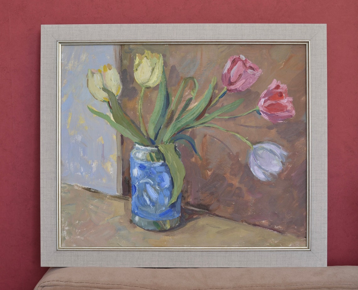 Original Oil Floral Still Life Painting In A Frame Still Life With Tulips Flower Painting Contemporary Floral Wall Art One Of A Kind - Image 4