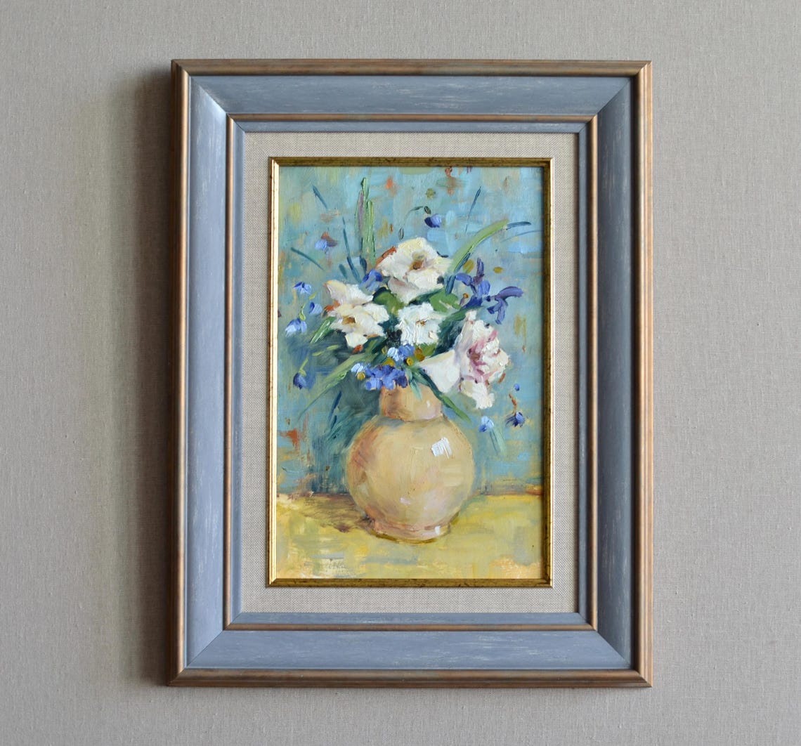Original Floral Still Life Oil Painting Bright Bouquet Of White And Blue Flowers In A Vase Framed Wall Art European Fine Art One Of A Kind