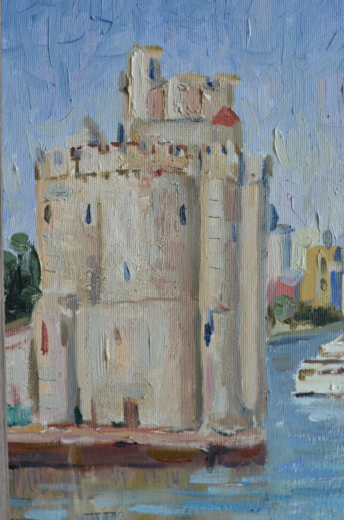 Original Framed Landscape Oil Painting On Canvas Urban French Landscape With The Port Of La Rochelle European Fine Art One Of A Kind - Image 2