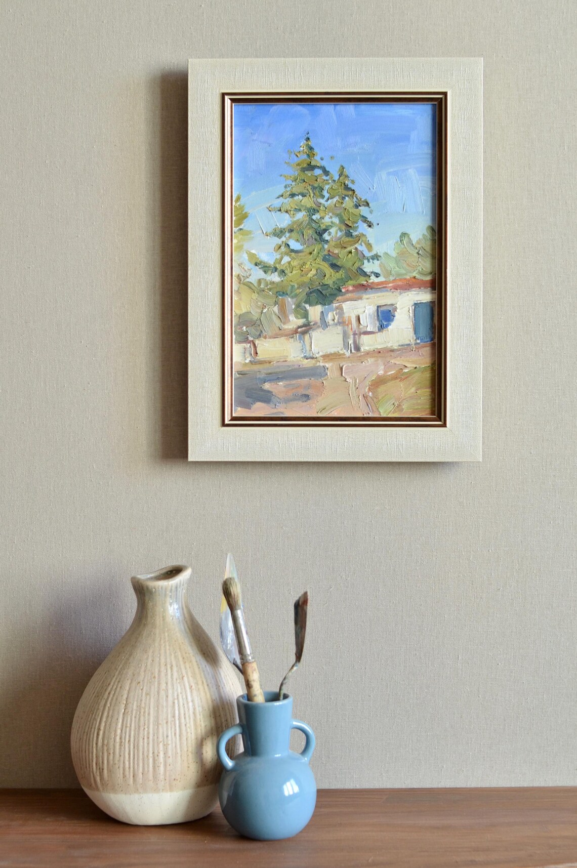 Tall Pine Tree Beside Greek Village House Sunny Mediterranean Poster - Image 3