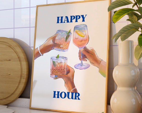 Happy Hour Print Bar Cart Wall Art Retro Cocktails Poster Aesthetic Bar Cart Decor Bar Cart Print Trendy Printables