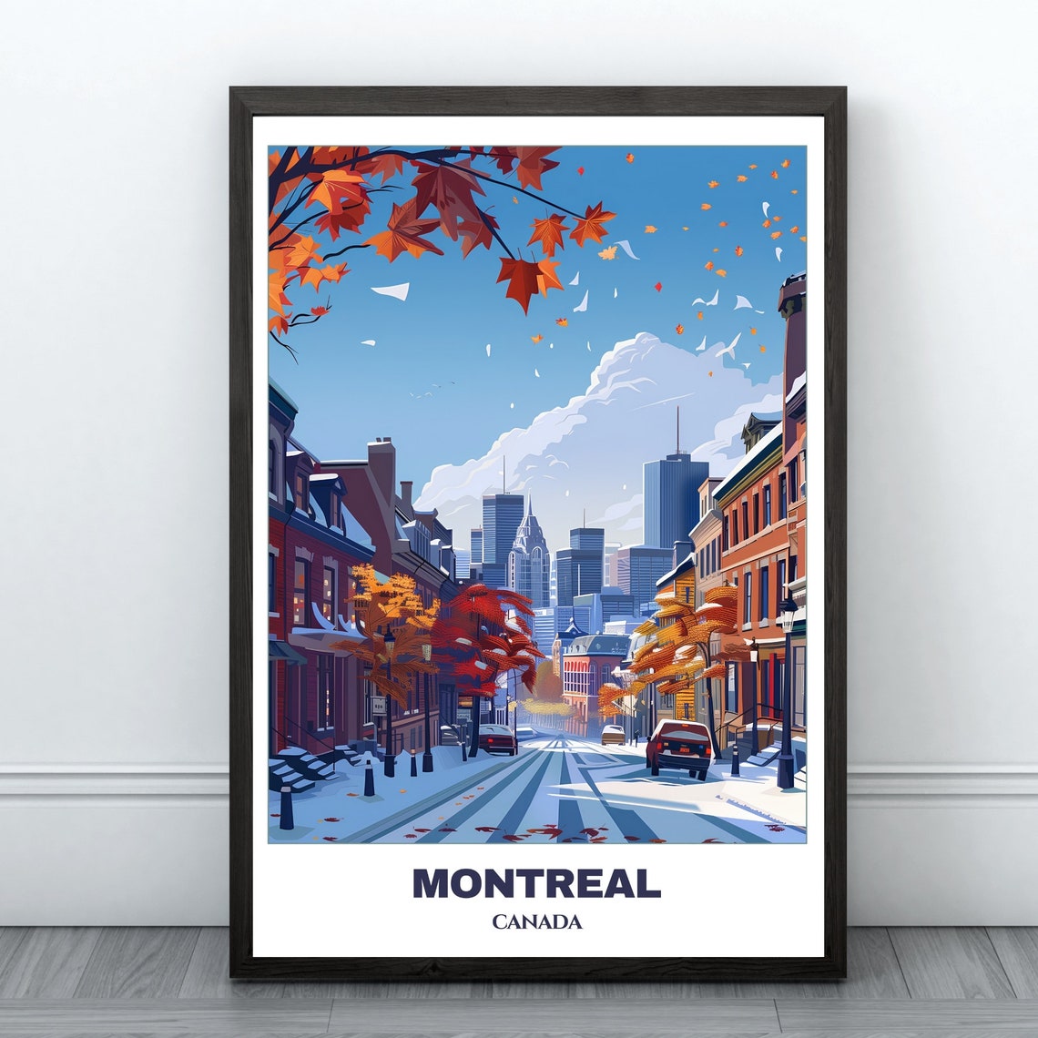 Montreal Canada Snowy Maple Street Residential Winter Scene Poster