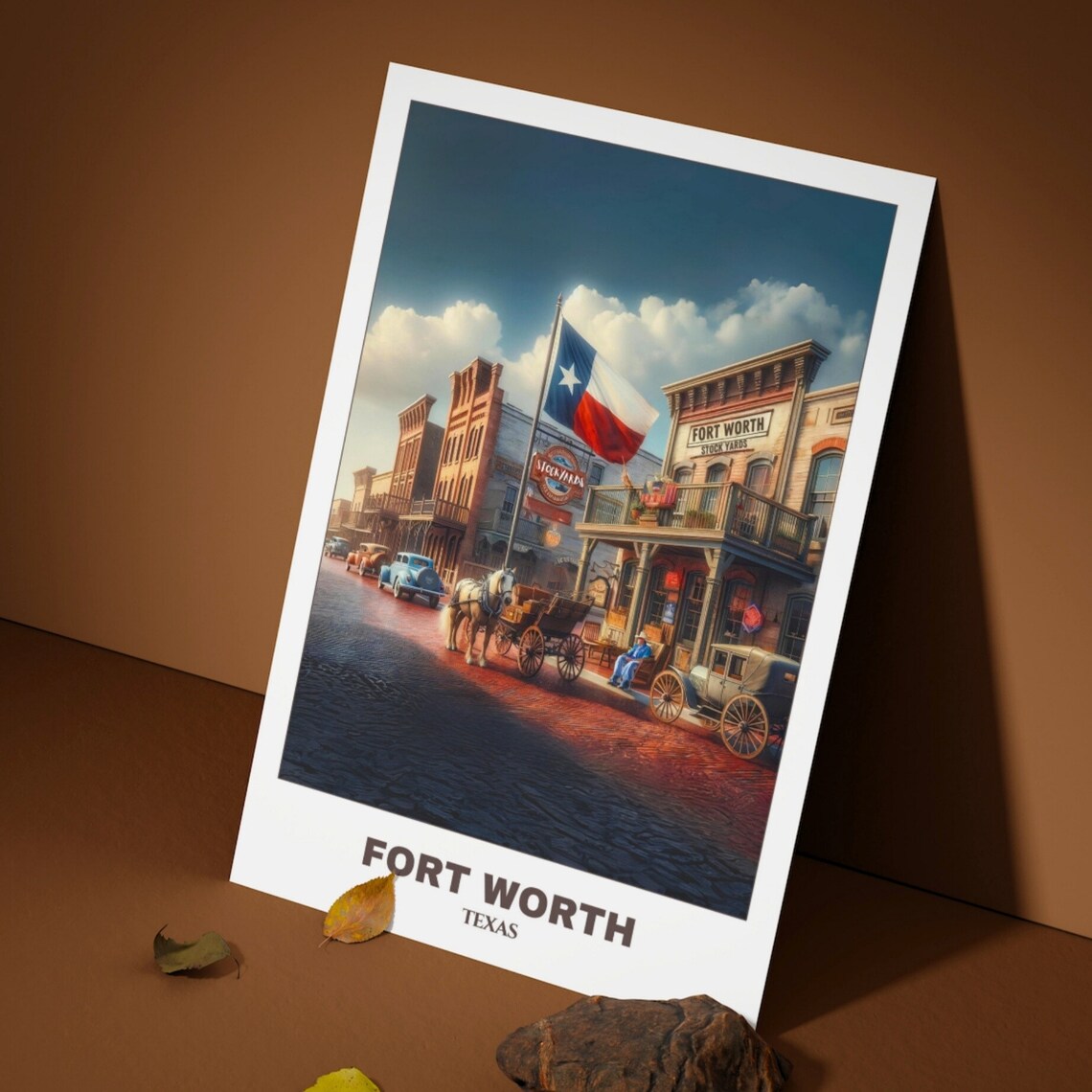Fort Worth Texas Stockyards Brick Street Texas Flag Scene Poster - Image 3