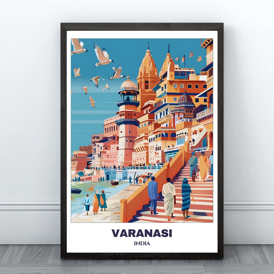 Varanasi India Sacred Ghats Temple Steps River Travel Poster