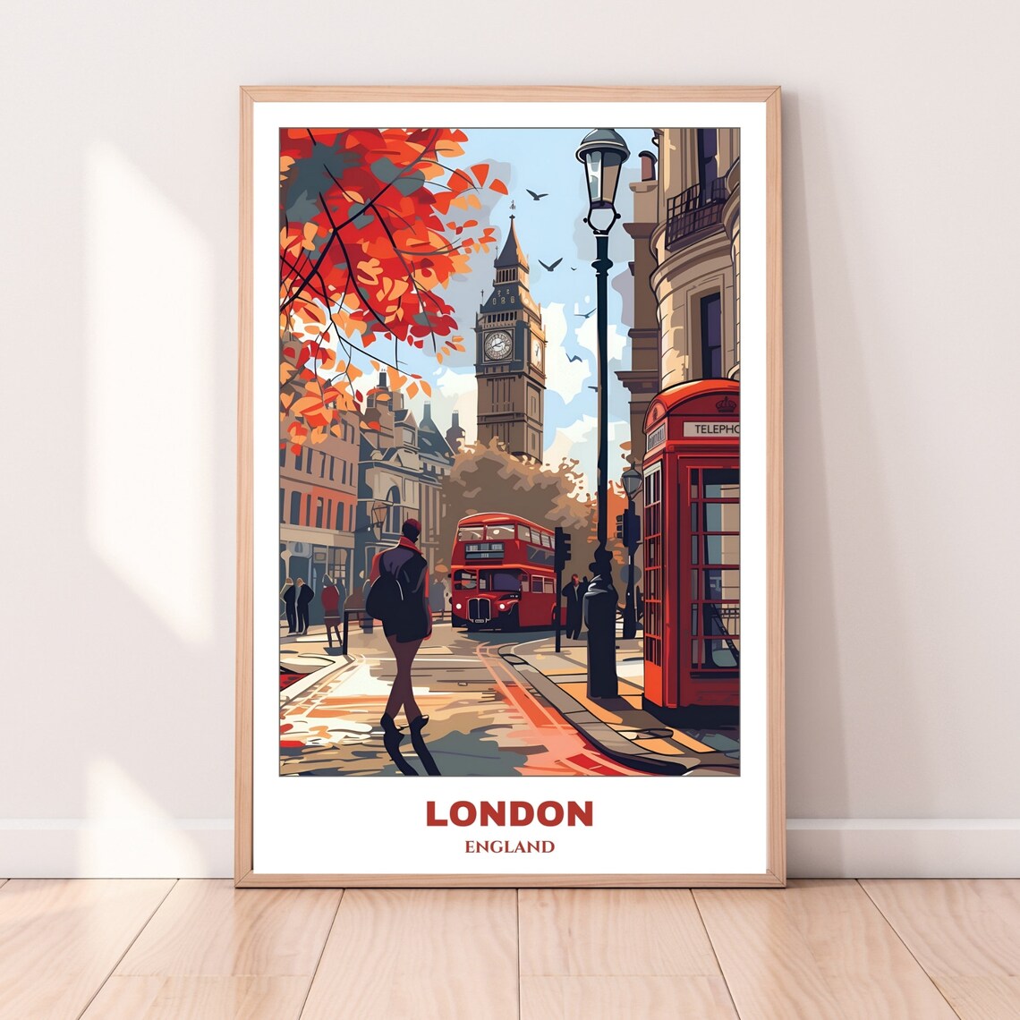 Vintage London Big Ben Red Bus Autumn City Street Travel Poster - Image 4
