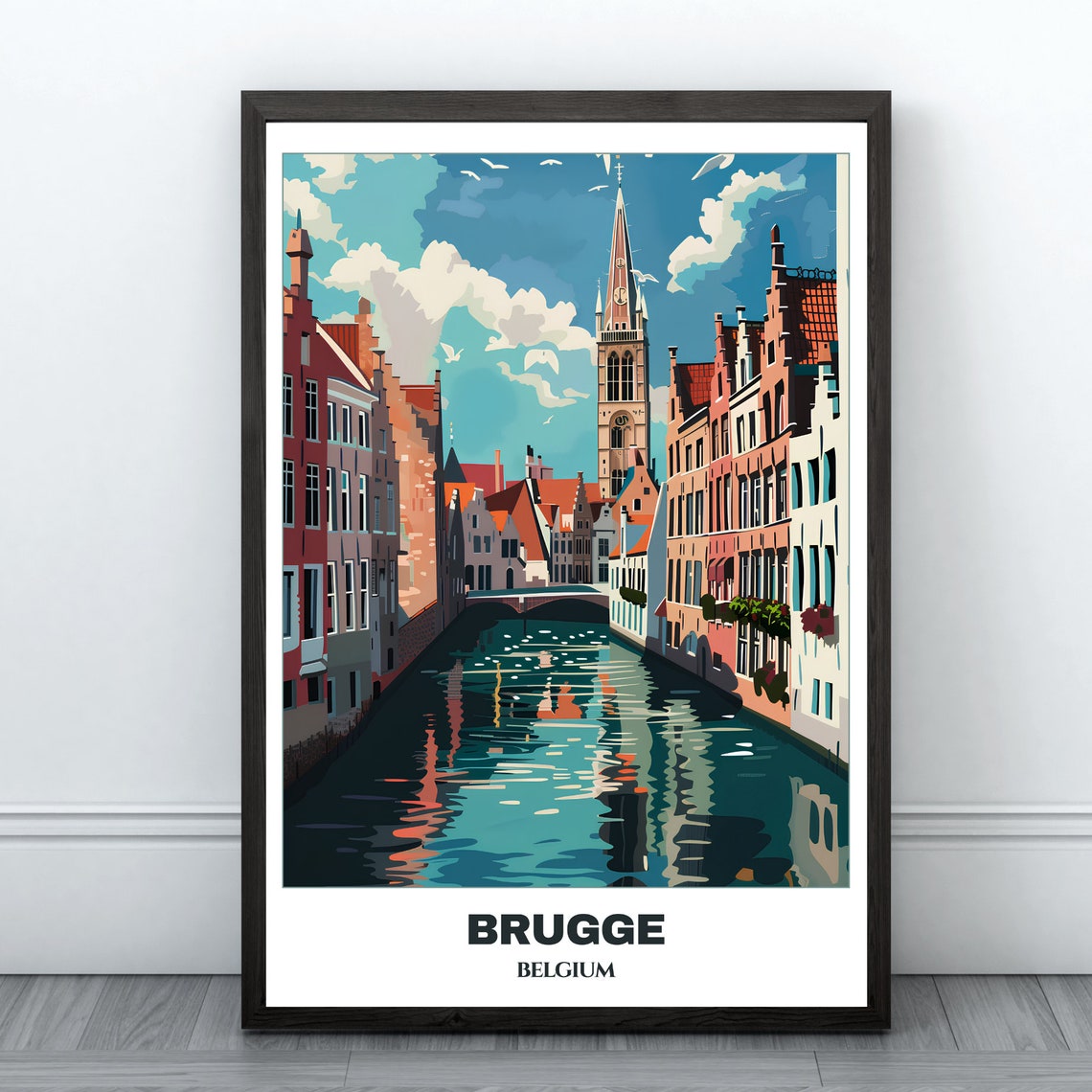Brugge Canal Historic Church Spire Medieval Houses Reflection Poster