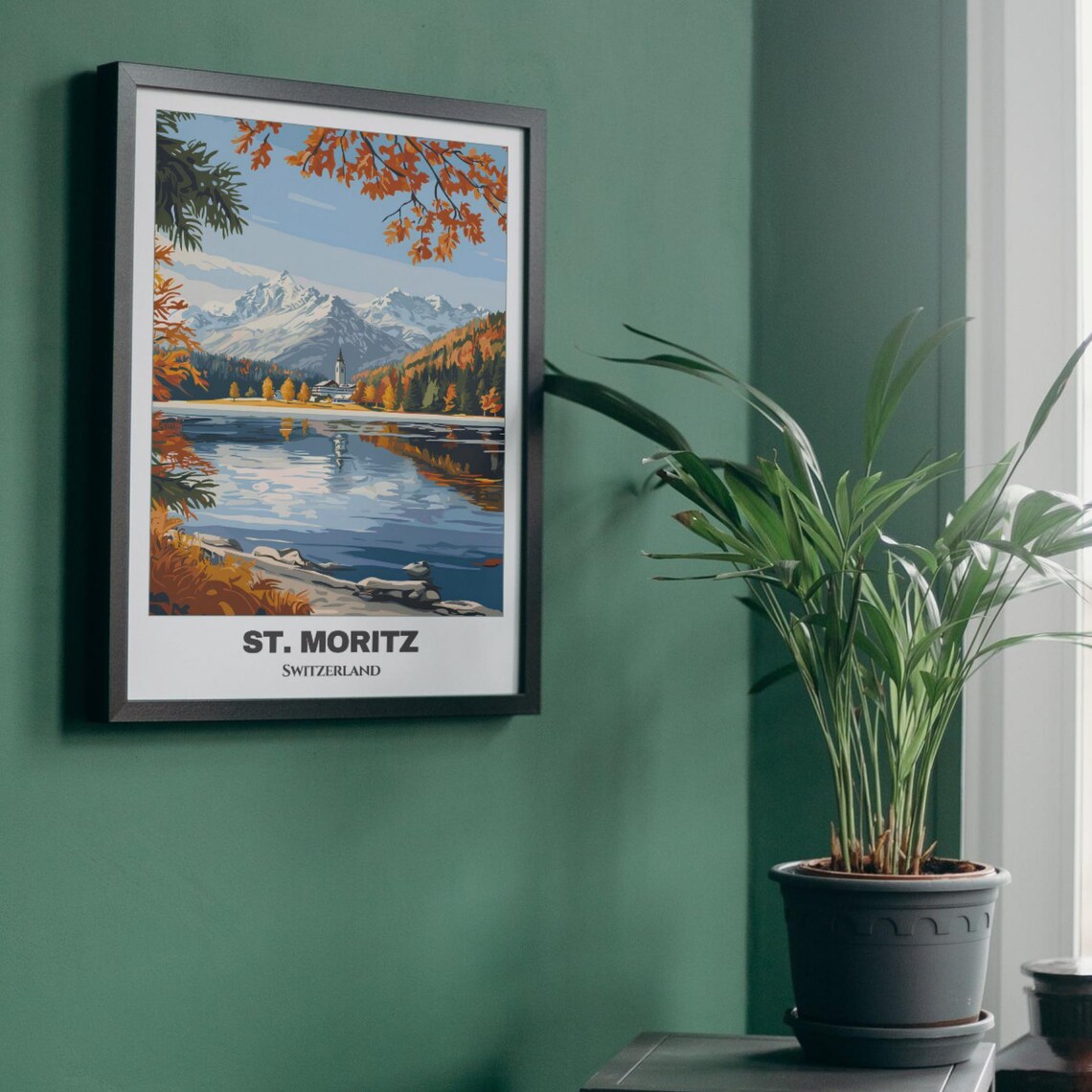 St Moritz Switzerland Alpine Lake Autumn Mountains Vintage Travel Poster - Image 4