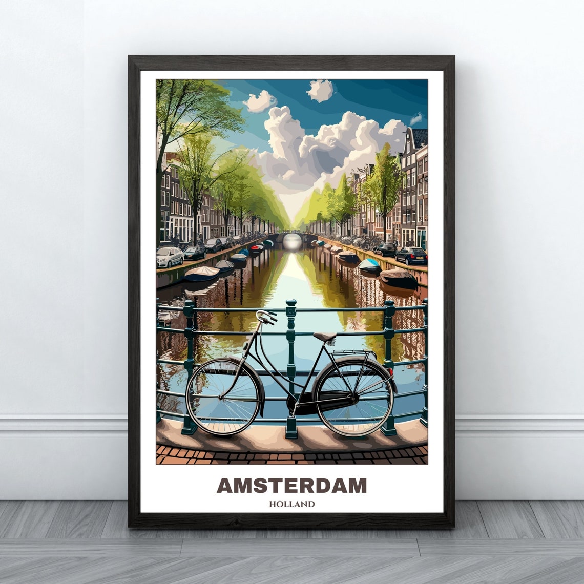 Amsterdam Holland Canal Bridge Bicycle Sunlit Morning Poster