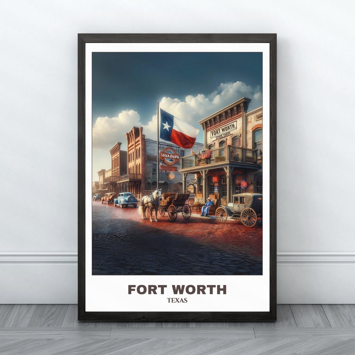 Fort Worth Texas Stockyards Brick Street Texas Flag Scene Poster