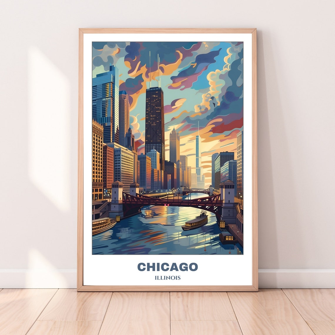 Chicago Illinois River Bridges Boats Golden Evening City Poster - Image 4
