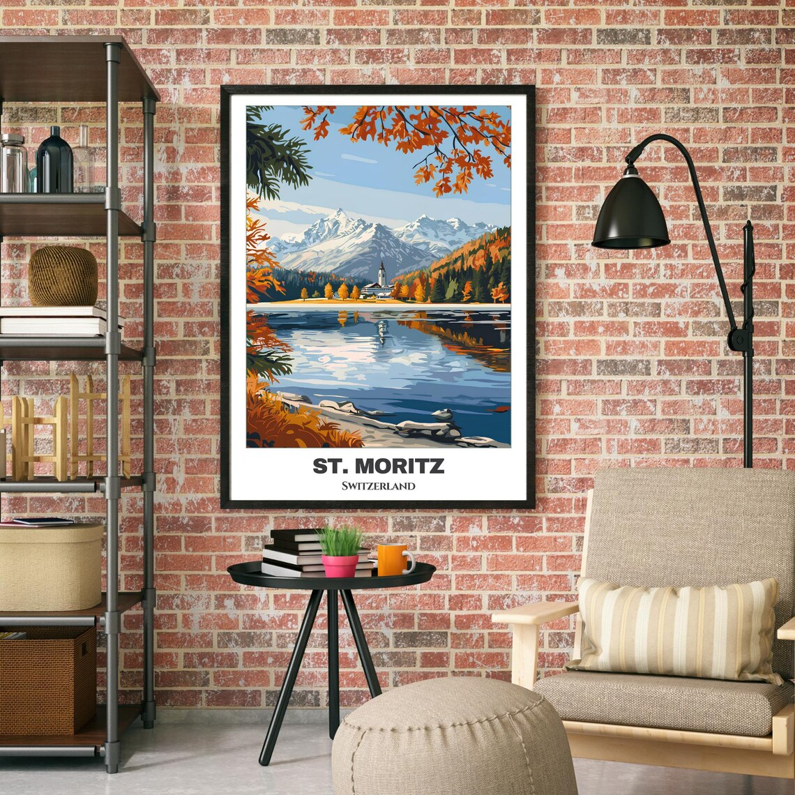 St Moritz Switzerland Alpine Lake Autumn Mountains Vintage Travel Poster - Image 2