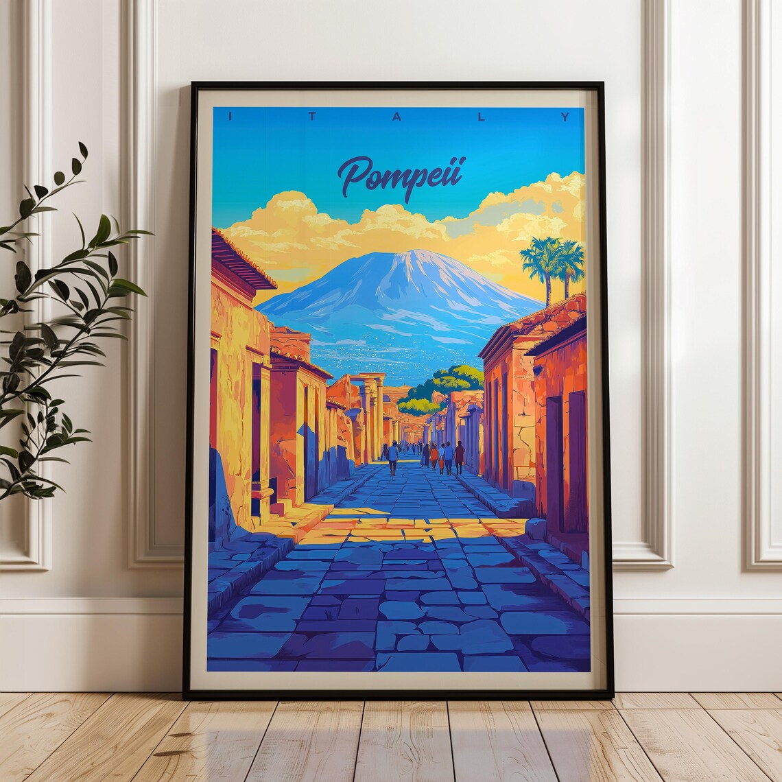 Pompeii Italy Vesuvius Ruins Script Lettering Vintage Travel Poster