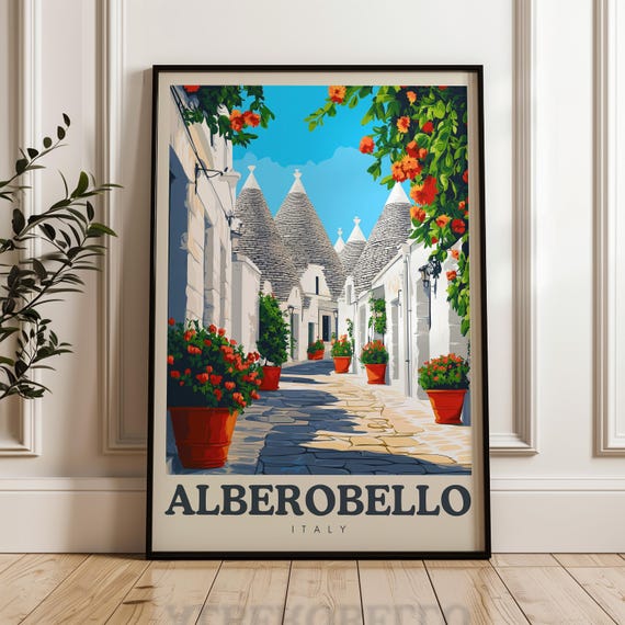 Alberobello Italy Travel Poster, Trulli Illustration