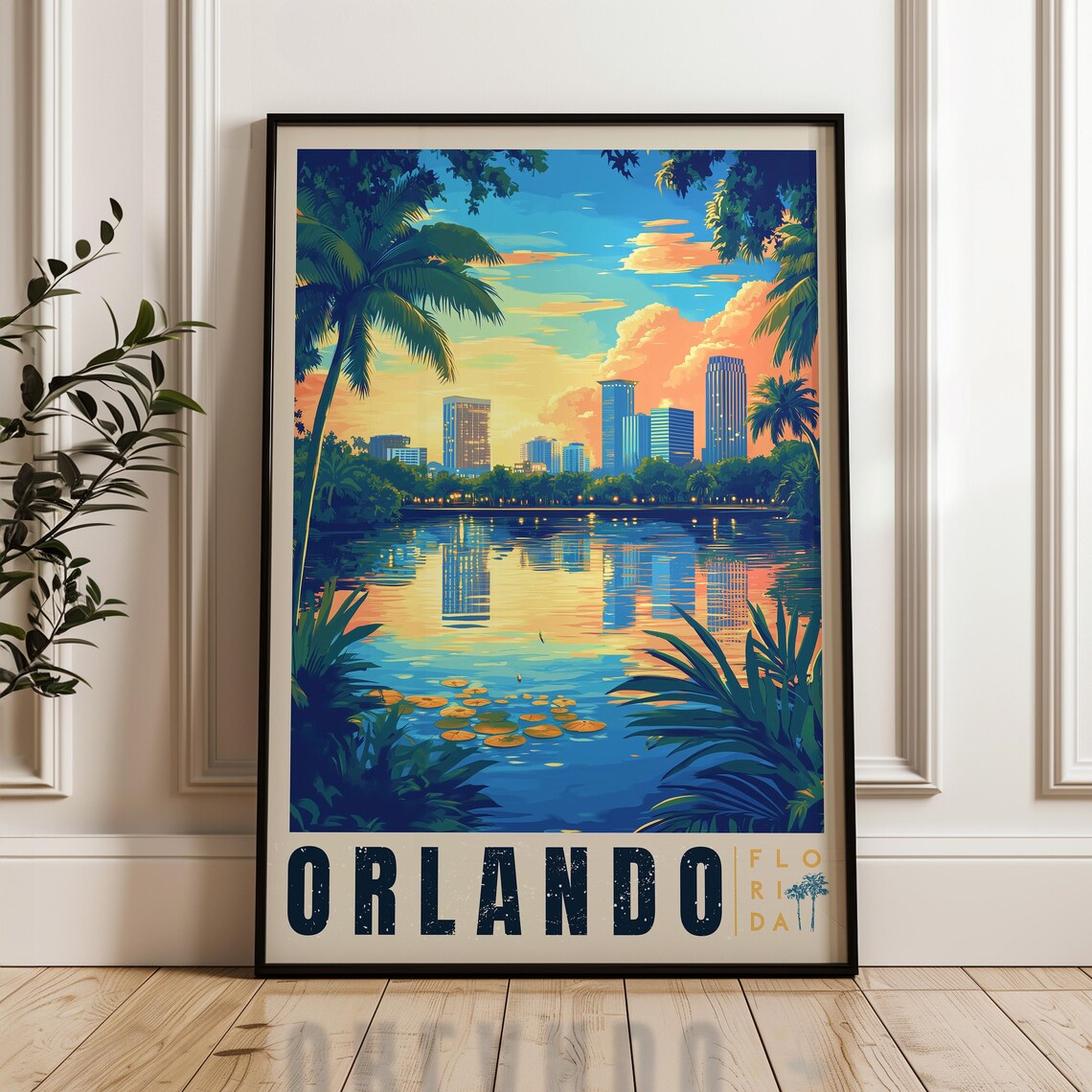 Orlando Skyline Reflecting in a Lake at Sunset Florida Travel Poster