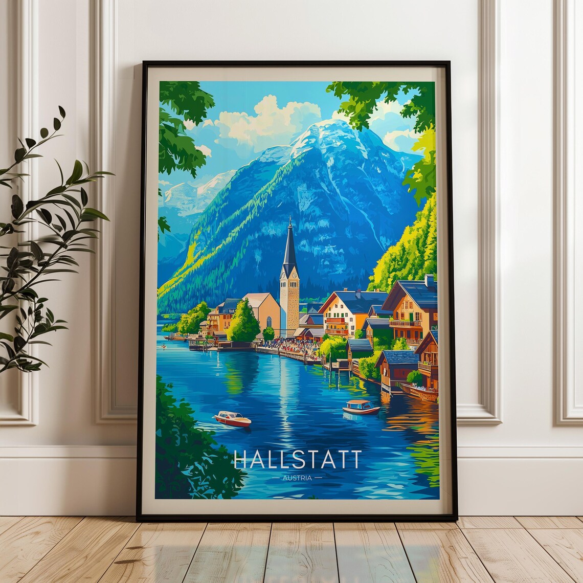 Hallstatt Austria Travel Poster, Mountain Lake Illustration