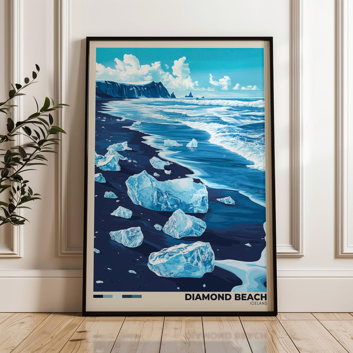 Diamond Beach Iceland Icebergs on Black Sand Shore Travel Poster