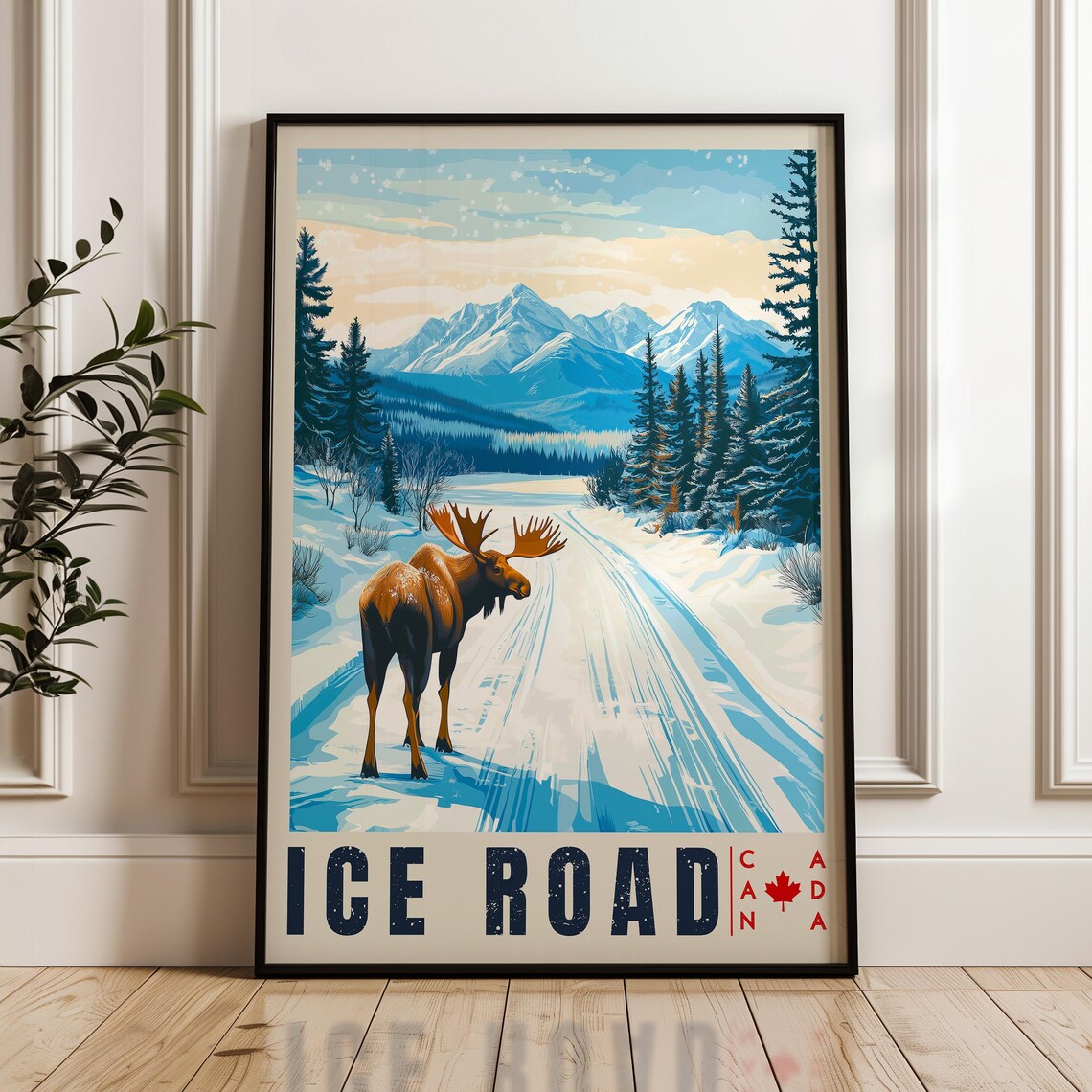 Moose Crossing a Snowy Ice Road in the Canadian Winter Travel Poster
