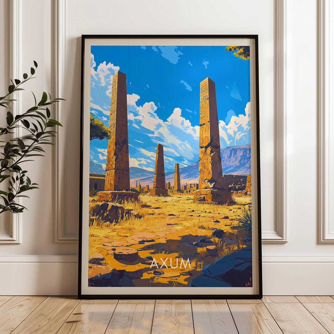 Axum Travel Poster, Ethiopia Stelae Park Illustration