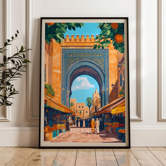 Meknes Travel Poster, Morocco African Illustration