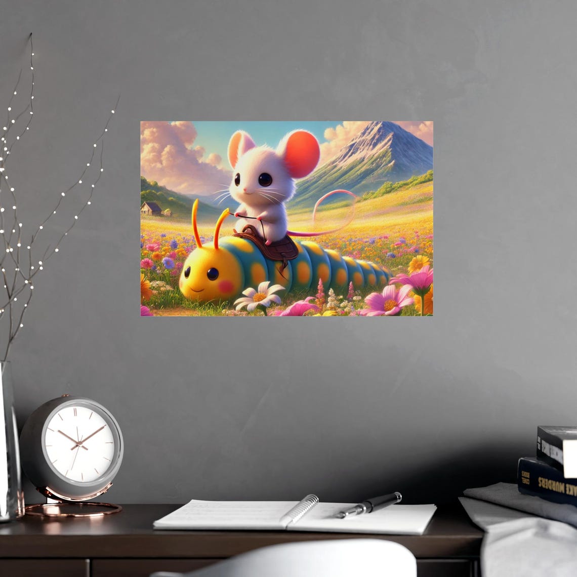 Cute White Mouse Riding a Caterpillar Through a Flower Field Poster - Image 2